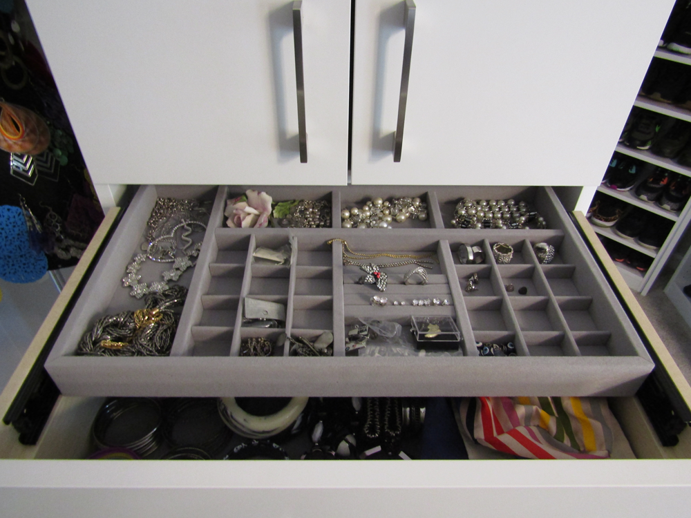 custom rolling drawers, home storage solutions, double felt drawer